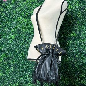 Vintage Black Leather Fringe Hobo Bucket Small Brass Crossbody Bag